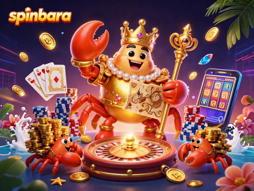 Experience the thrill of Spinbara casino with a golden crab emperor and dynamic gaming elements.