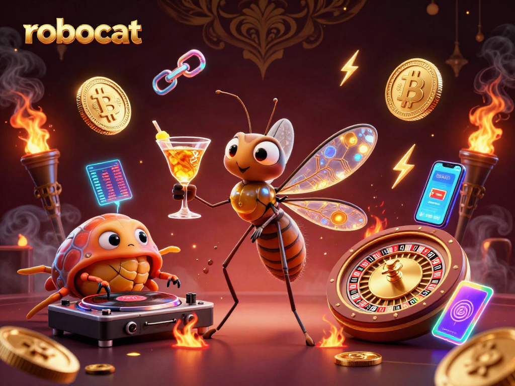 Experience the thrill of casino gaming with robocat and vibrant crypto elements in a dynamic scene.