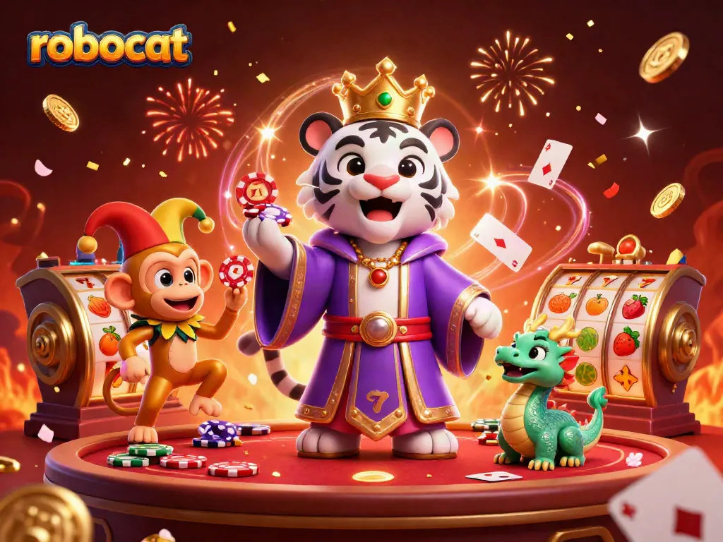 Engage with the robocat casino excitement featuring a royal tiger, jester monkey, and vibrant game elements.