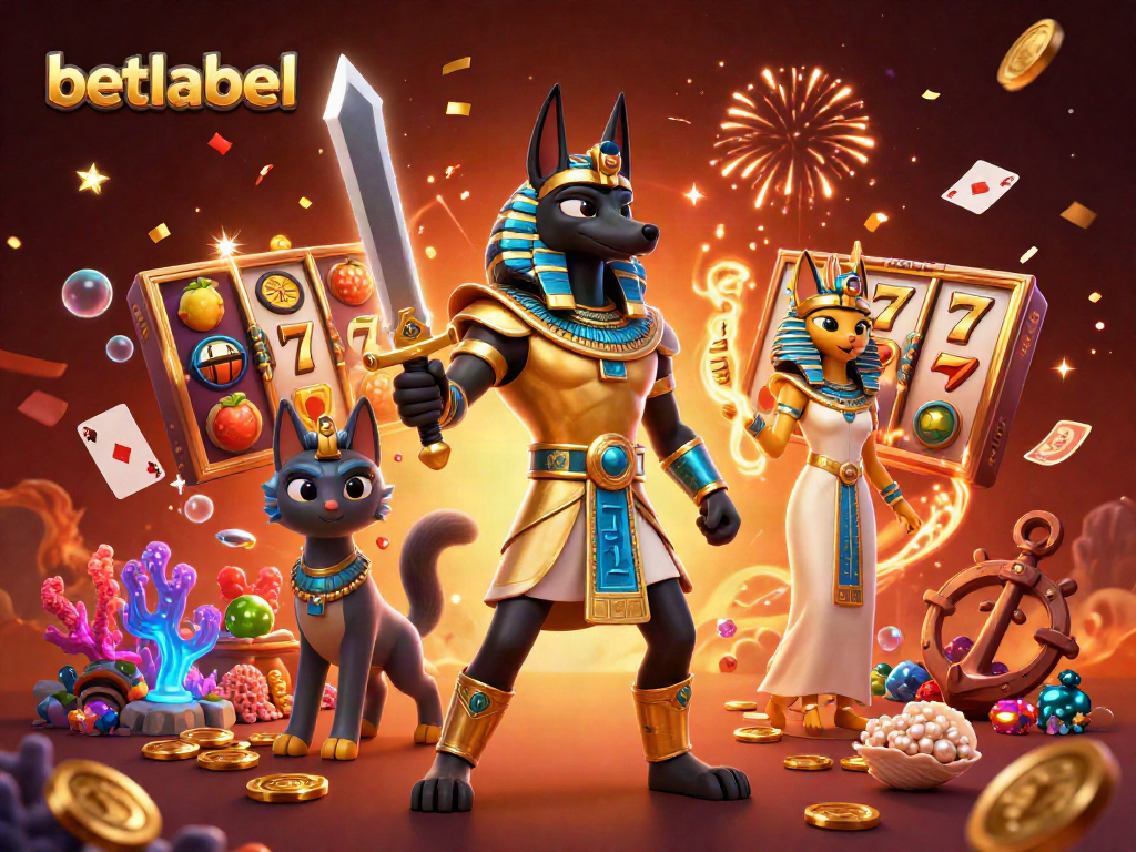 Play exciting slots at Betlabel with Anubis and Bastet amidst a treasure-filled scene.