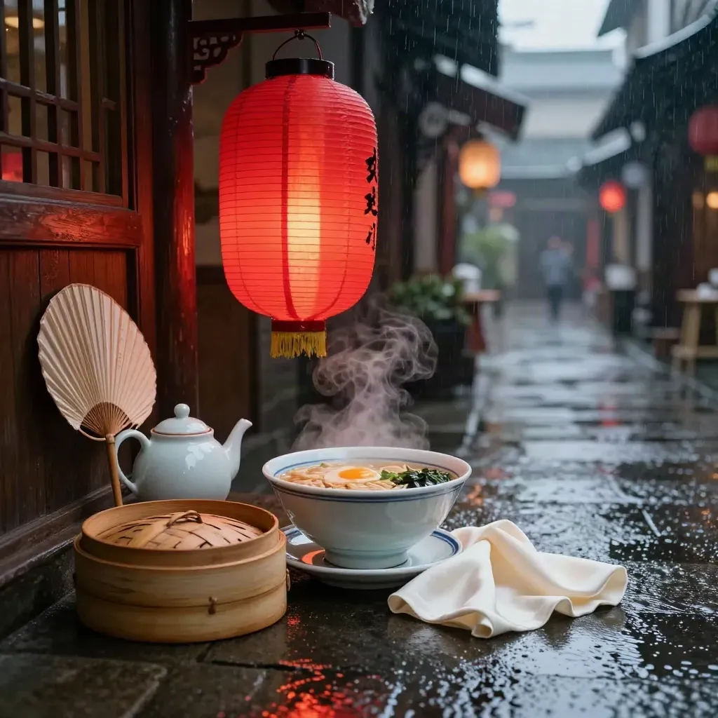 Linterna roja, ramen humeante, vaporera y tetera en una escena asiática nocturna y lluviosa.