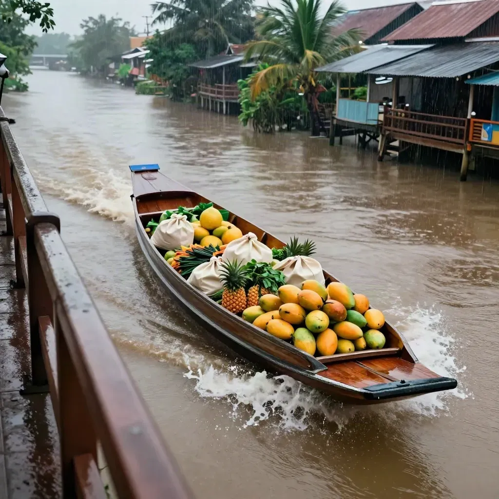Lancha tailandesa con frutas y bolsas de mercado cruzando un canal bajo la lluvia.