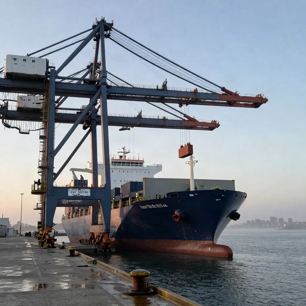 Grúas portuarias gigantes y un carguero entrando al muelle al amanecer con bruma marina.