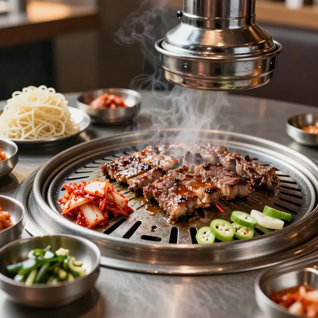 Parrilla coreana con bulgogi, kimchi, cebolleta y fideos fríos humeando sobre acero.