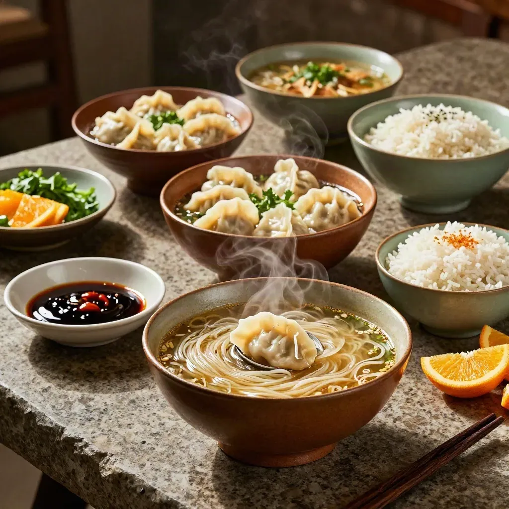 Mesa de piedra con sopa de fideos humeante, dumplings, arroz, hierbas y cítricos en cuencos.