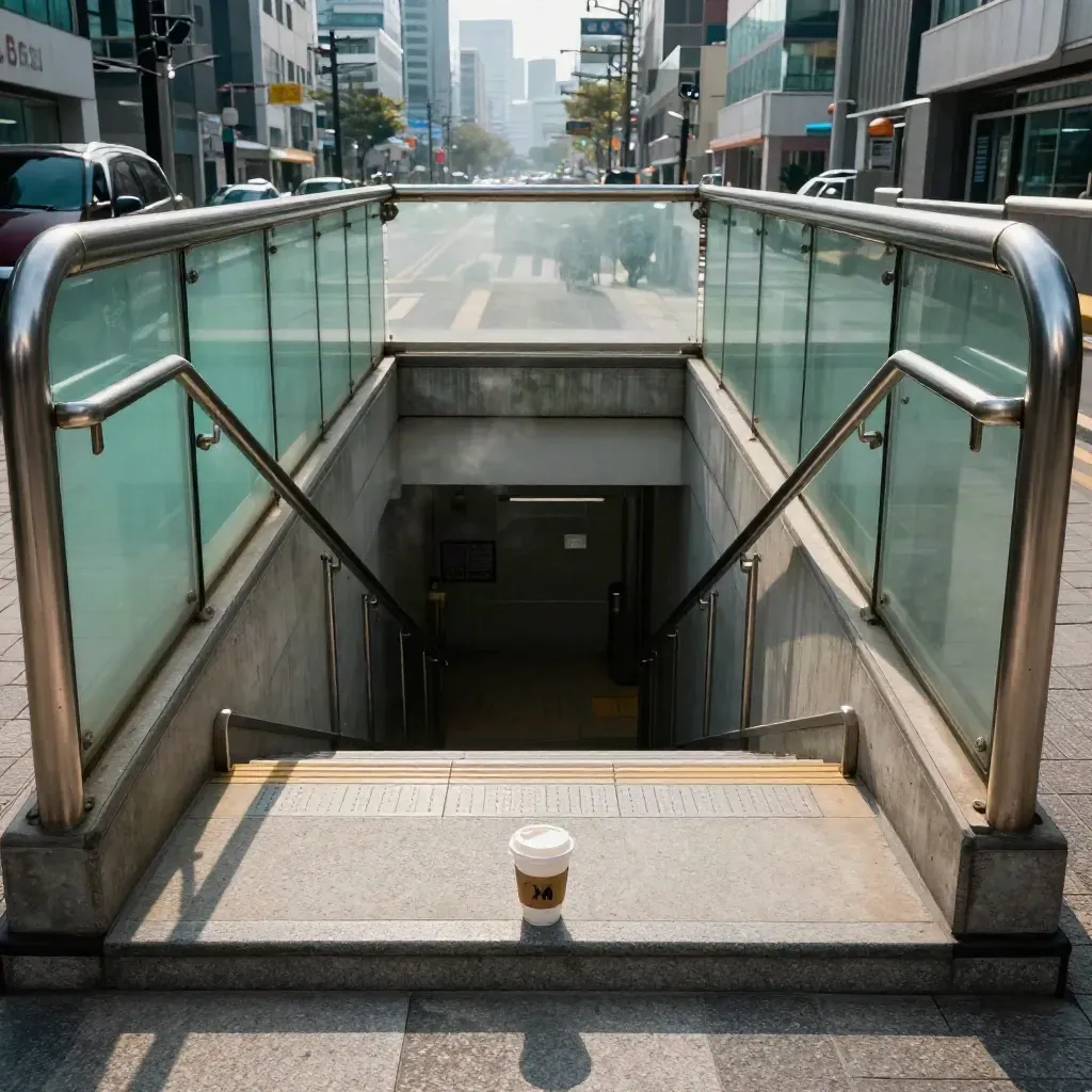 Entrada de metro en Seúl con escaleras, café para llevar y la ciudad al fondo.