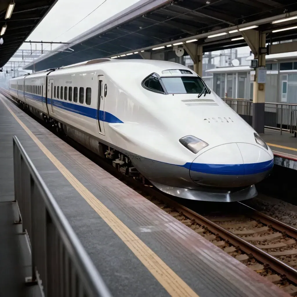 Shinkansen blanco y azul saliendo de una estación, visto desde una pasarela elevada.