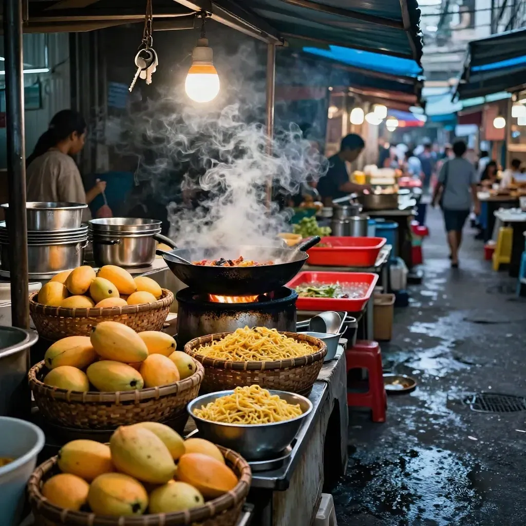 Puesto nocturno de Bangkok con mangos, fideos y vapor sobre un wok en llamas.