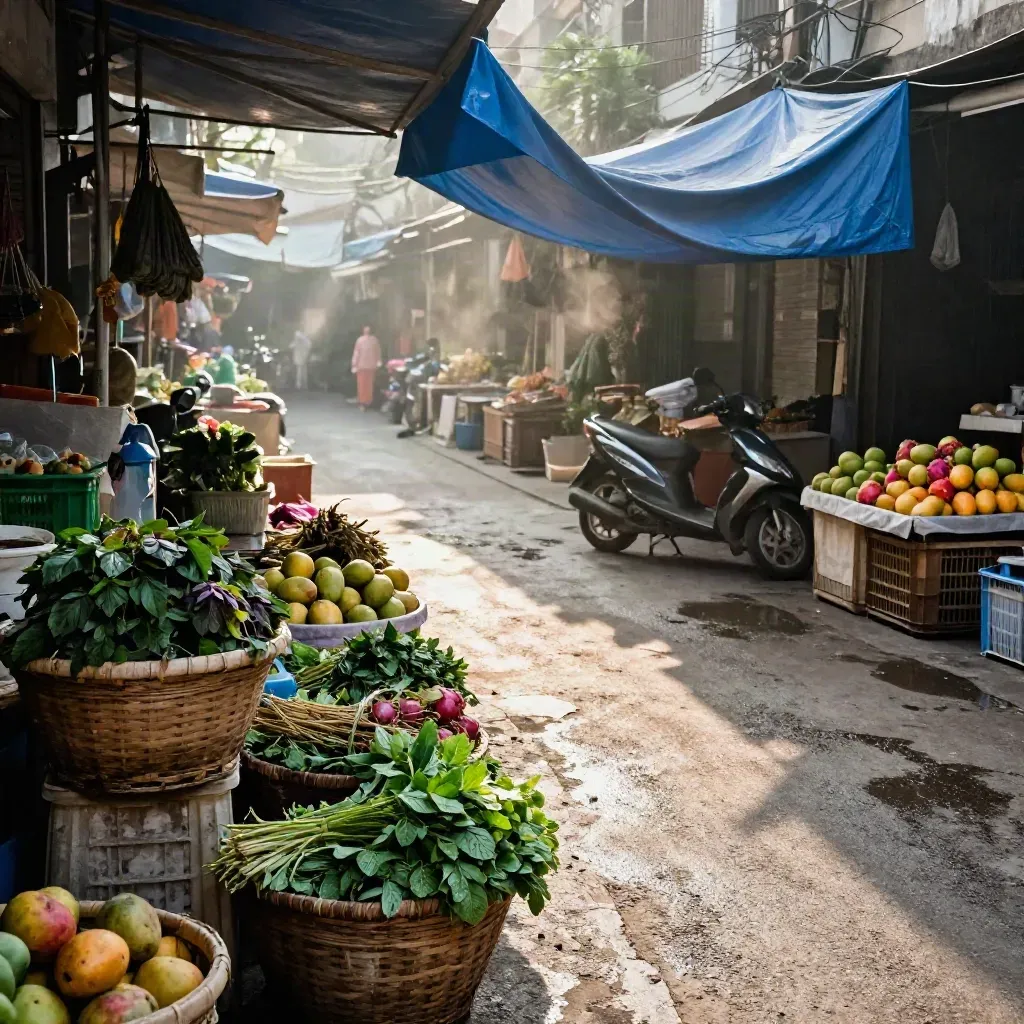 Callejón de mercado en Hanói con frutas, hierbas, moto y lona al viento.