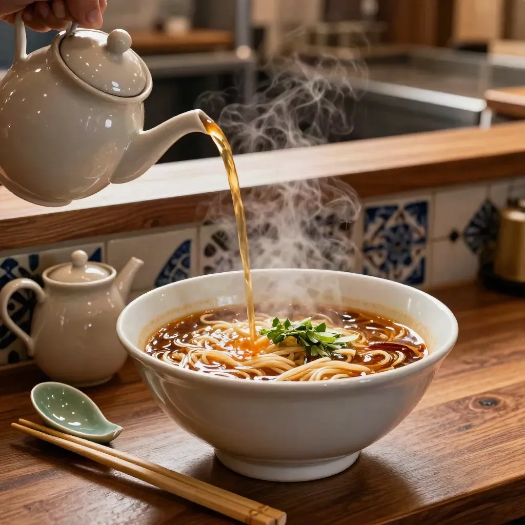 Cuenco de ramen humeante en una barra madrileña con jarrita de caldo y azulejo neutro.