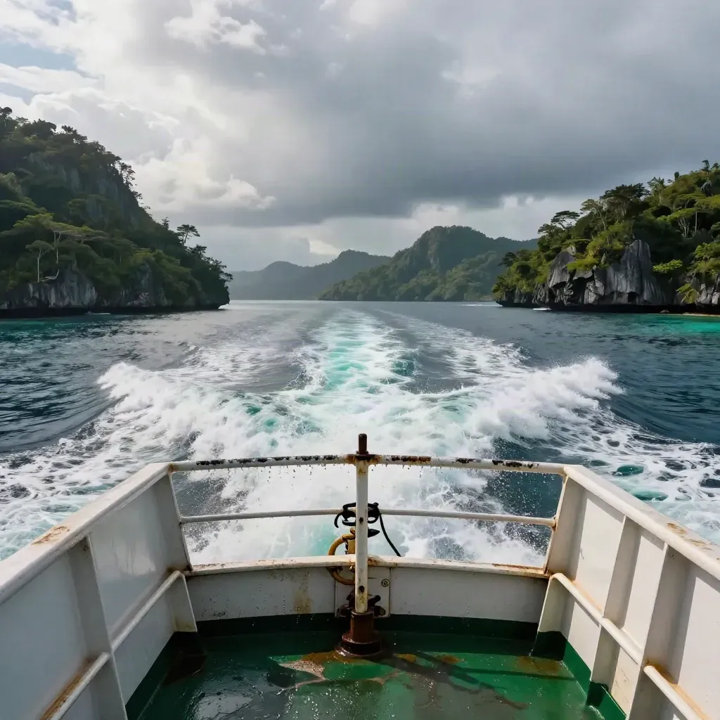 Ferri frente a islas filipinas, con estela turquesa, barandilla gastada y spray salino.