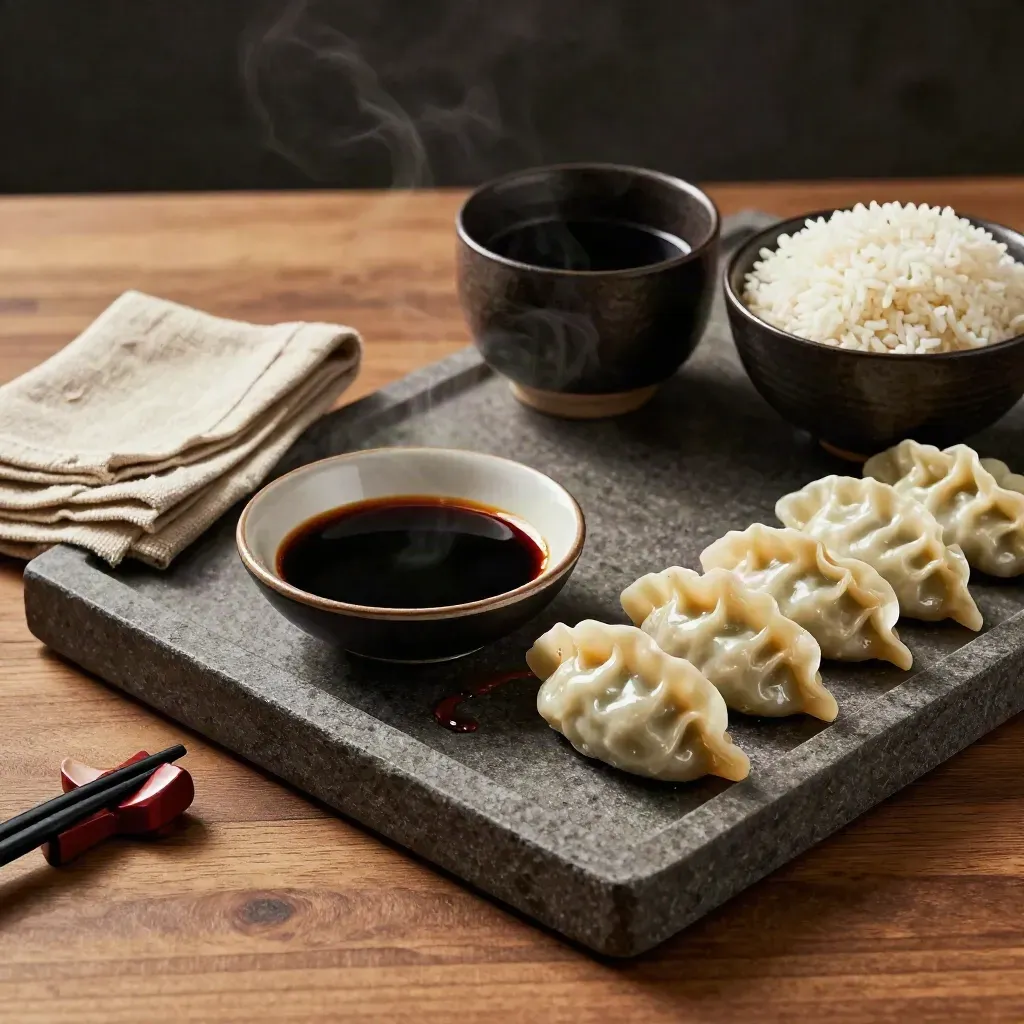 Mesa de madera con cuenco de salsa de soja, dumplings, arroz y cerámica oscura, vista cenital parcial.
