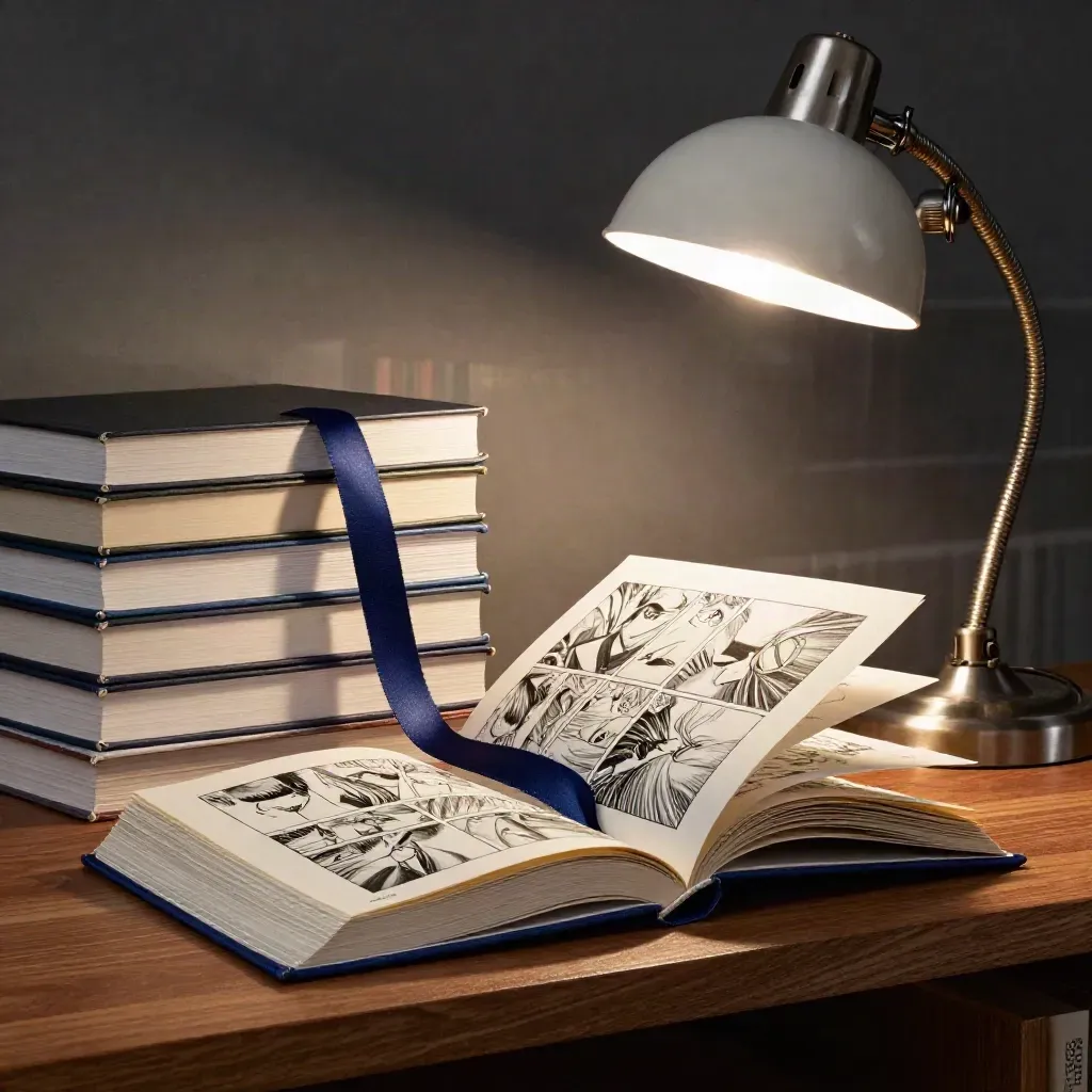 Tomos de manga y manhwa abiertos junto a una lámpara, con luz lateral y páginas en abanico.