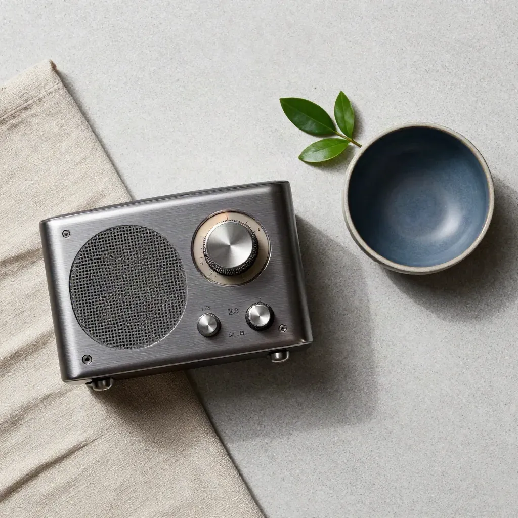 Radio metálica, cuenco cerámico y ramita verde sobre lino piedra en cenital.