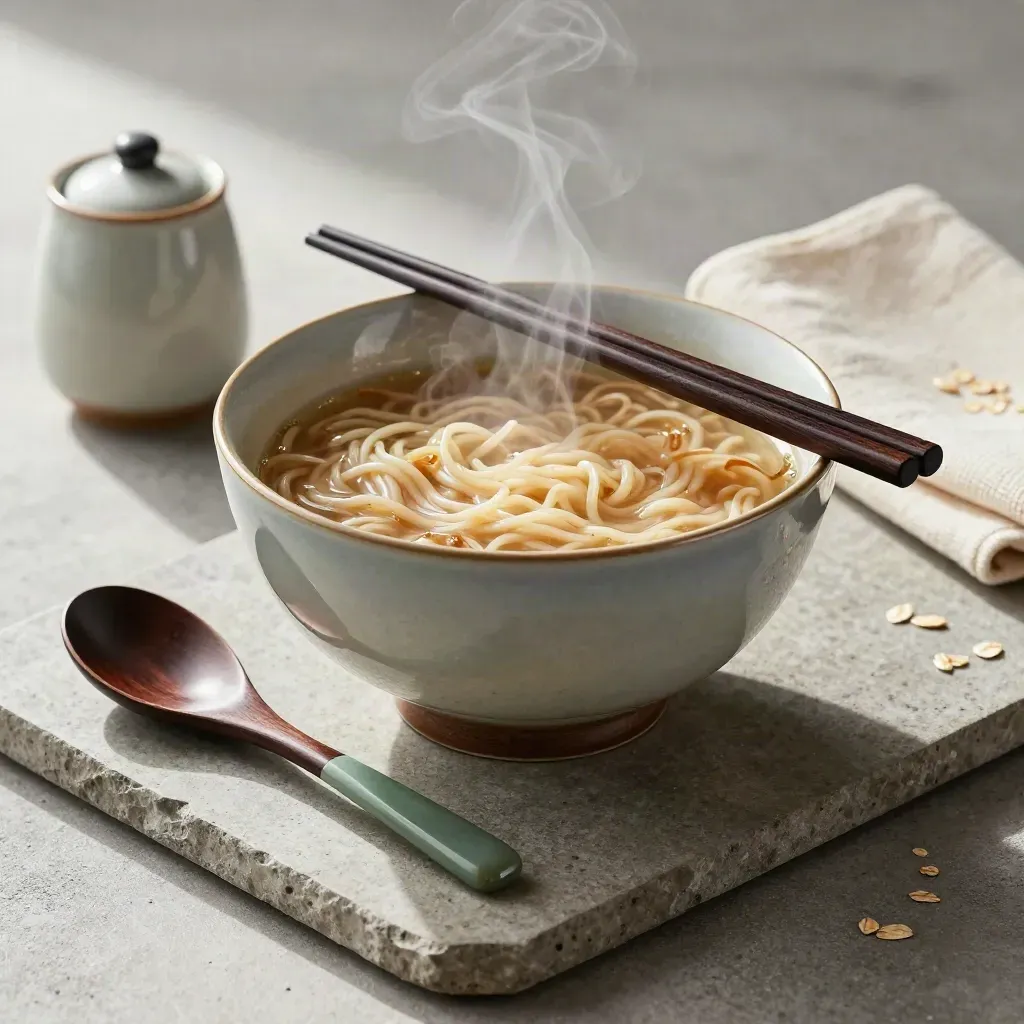 Cuenco de ramen esmaltado con palillos, cuchara y salero sobre bandeja de piedra, con vapor suave.