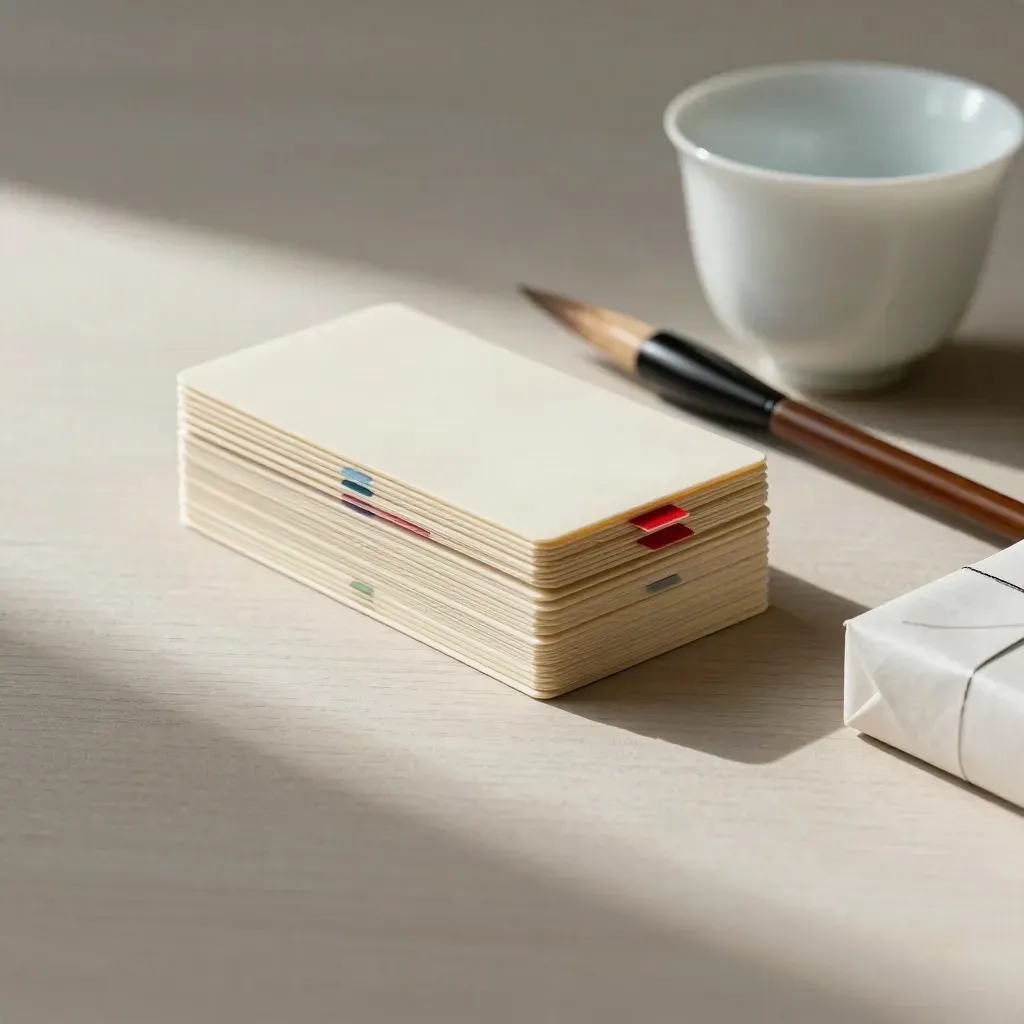 Tarjetas de estudio con pestañas de color, pincel, taza de porcelana y bloque de papel sobre madera clara.