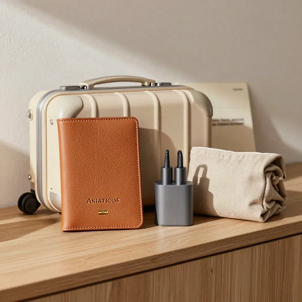 Funda de pasaporte, mini maleta, adaptador y bolsa de tela sobre consola clara.