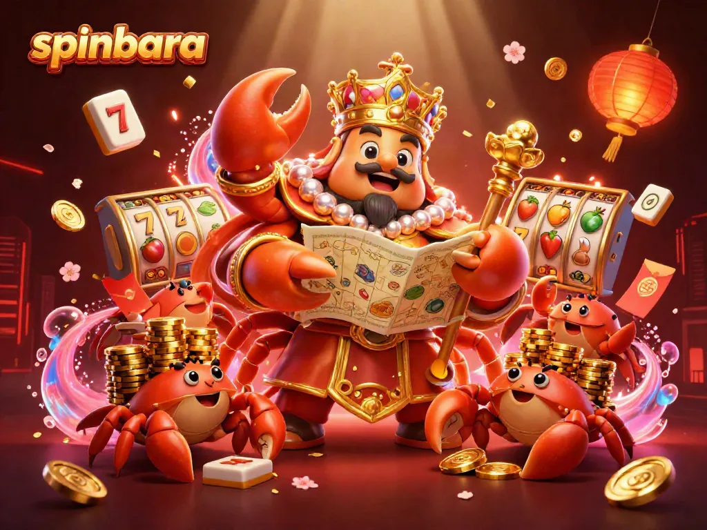 Experience Spinbara with a thrilling scene of a golden crab emperor ruling over a vibrant casino atmosphere.