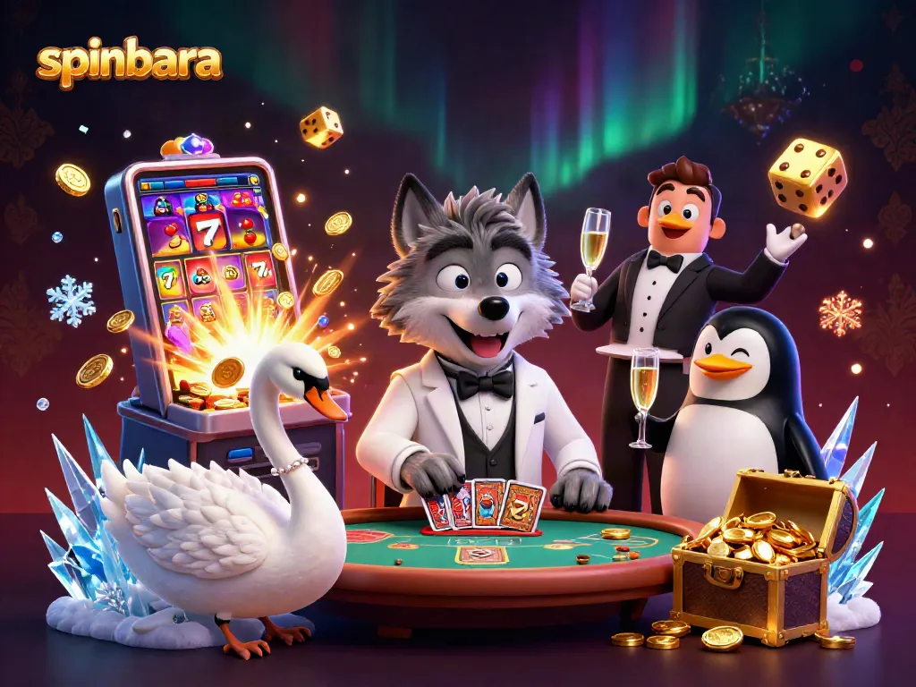 Spinbara casino-themed 3D illustration showcasing a debonair wolf, elegant swan, and sophisticated penguin in a vibrant scene.